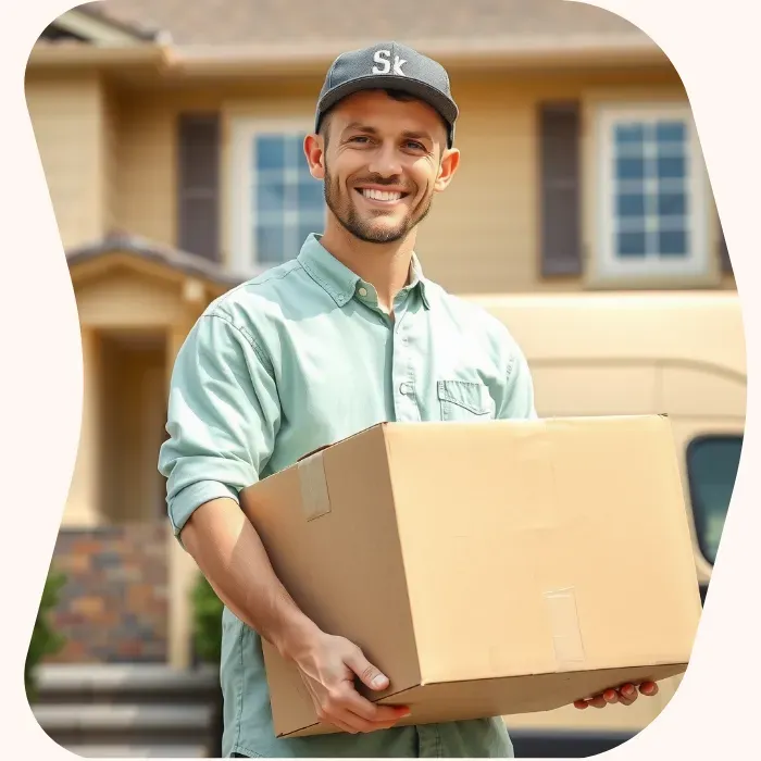 Two removalists moving boxes up stairs