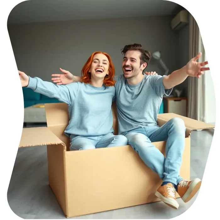 Two guys sitting on the floor of their apartment with Muval moving boxes